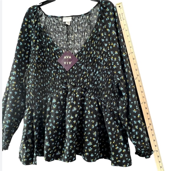 1X 3X Ava & Viv Black Floral Smocked Peplum Blouse Top Puff Sleeve Target NEW - Picture 6 of 9